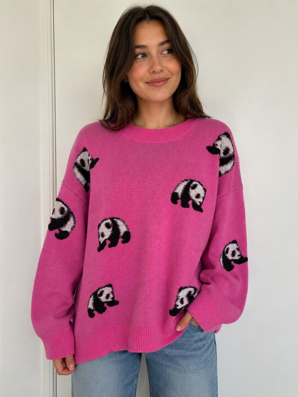 Originality Kawaii Fuzzy Pink Panda Intarsia Knit Sweater Medium
